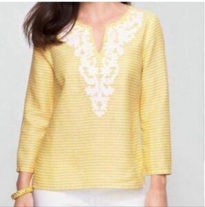 Talbots Plus Petites Linen Butter Yellow‎ Striped Beaded Embroidered Blouse 2Xp